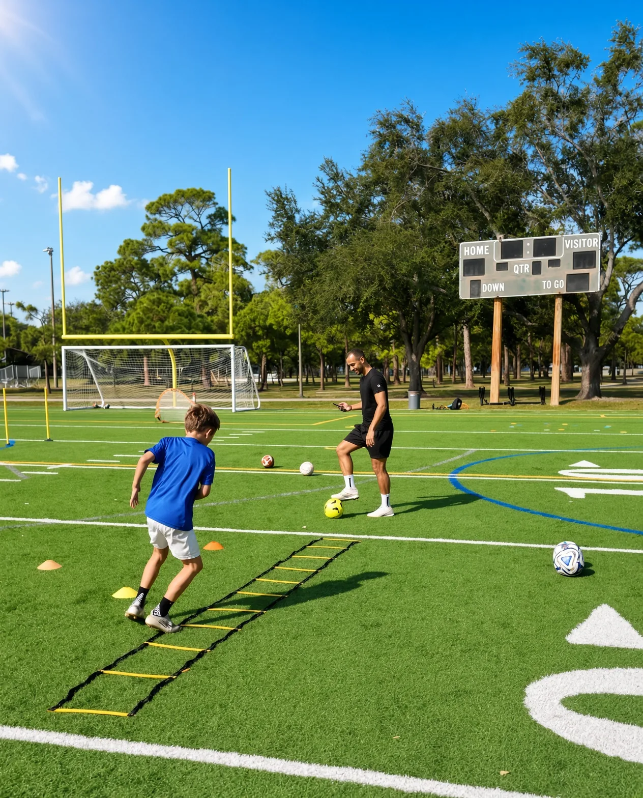 A player working an agility ladder while Coach Jerome sets the next ball