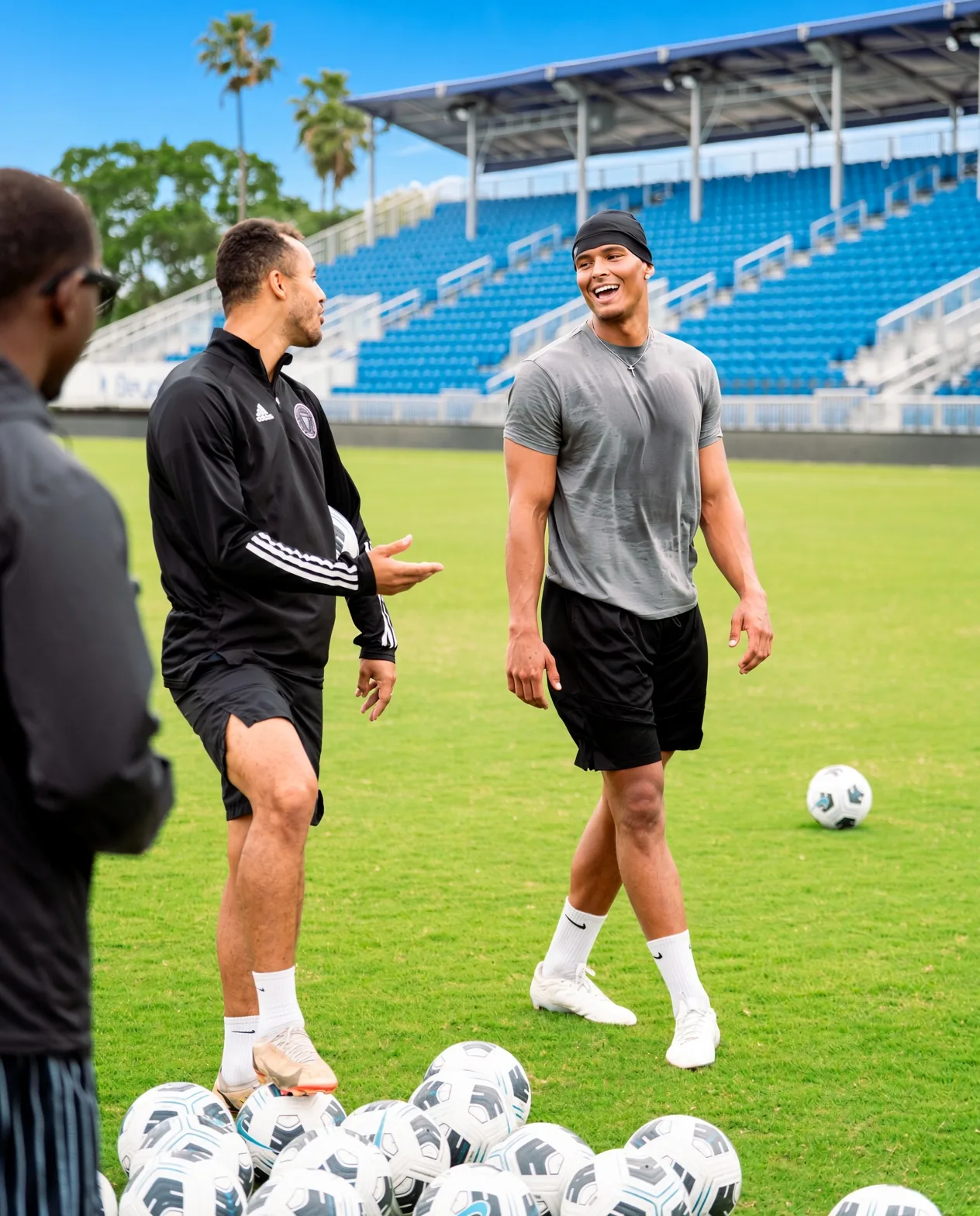 Coach Jerome talking with a player beside a pile of balls