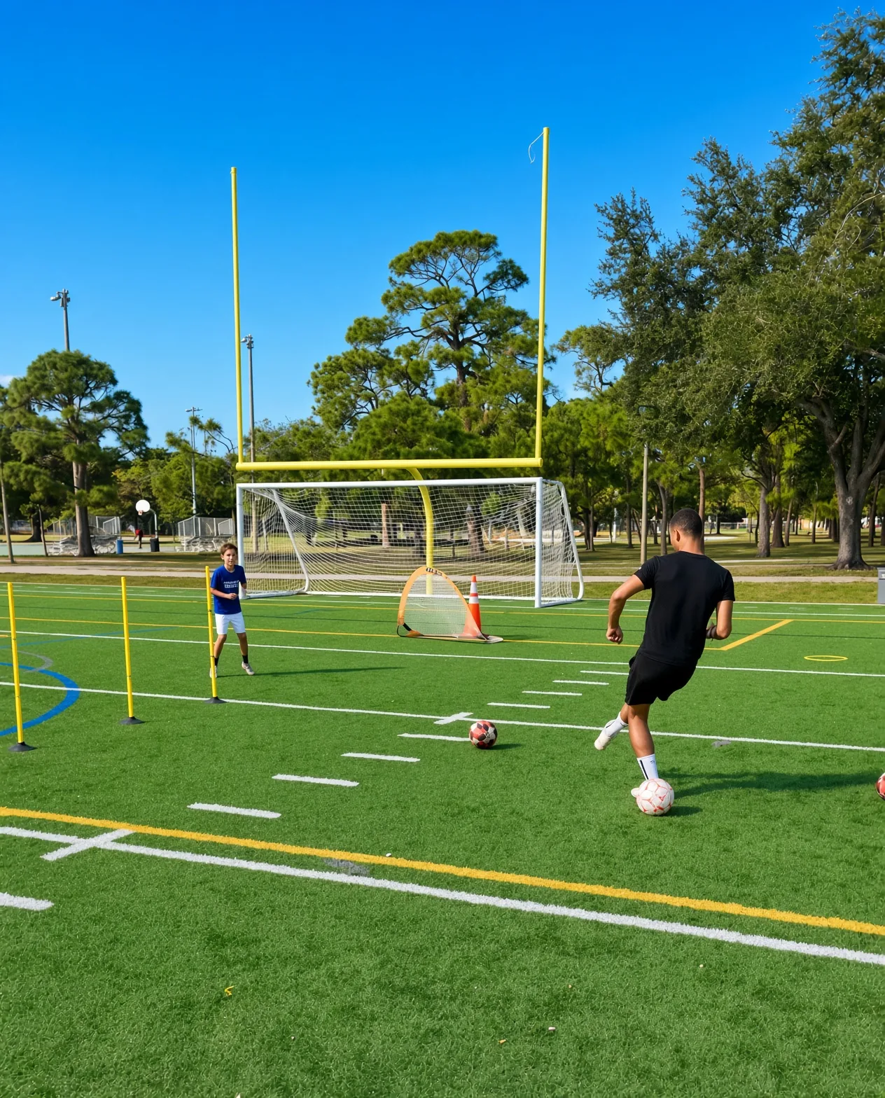 Coach Jerome dribbling toward goal during a session