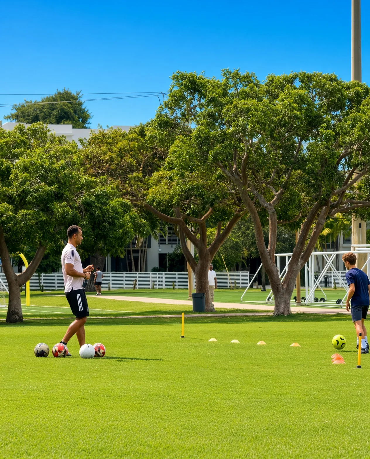 Coach Jerome setting up balls and cones on a grass field